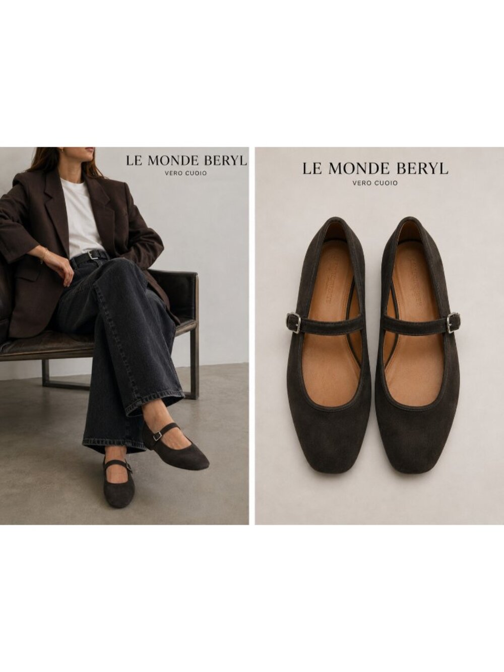 Le Monde Béryl Ballet Mary Jane Brown Suede Flats EU 41 Made in Italy
